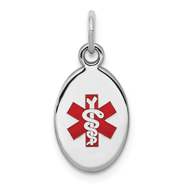 Silver oval medical alert pendant with red star of life symbol and intertwined snakes, suspended from a silver bail.