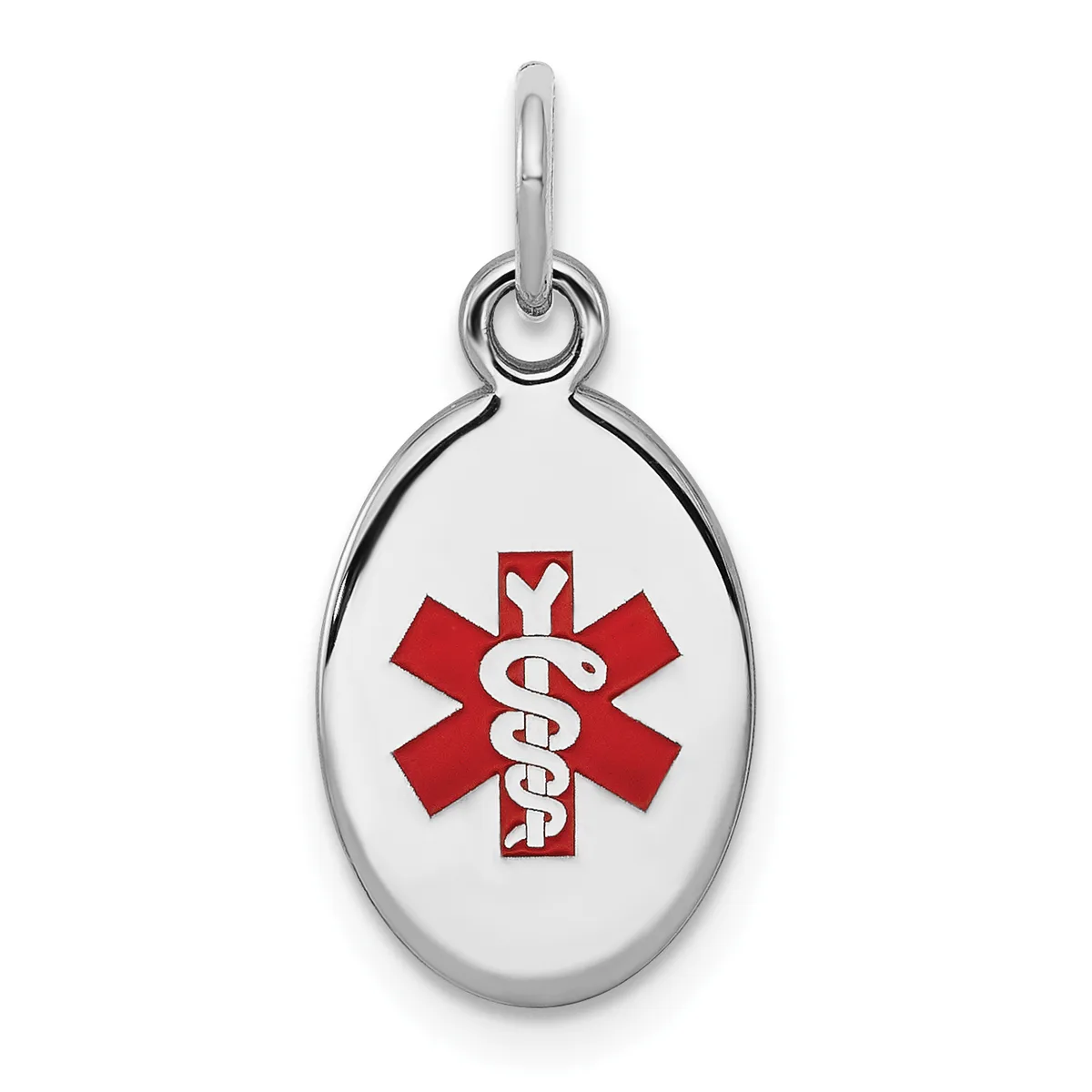 Silver oval medical alert pendant with red star of life symbol and intertwined snakes, suspended from a silver bail.