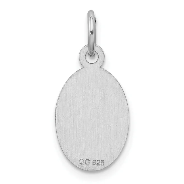 A plain oval sterling silver pendant with a looped bail at the top and a small stamped hallmark on the lower surface, shown against a white background.