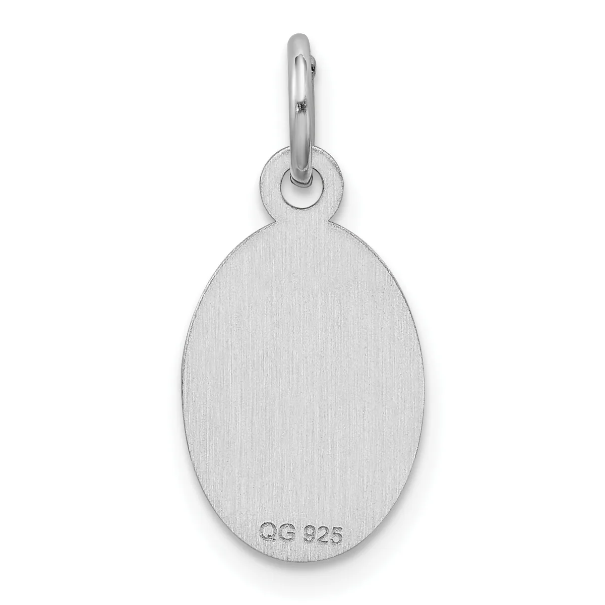 A plain oval sterling silver pendant with a looped bail at the top and a small stamped hallmark on the lower surface, shown against a white background.