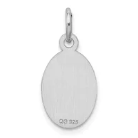 A plain oval sterling silver pendant with a looped bail at the top and a small stamped hallmark on the lower surface, shown against a white background.