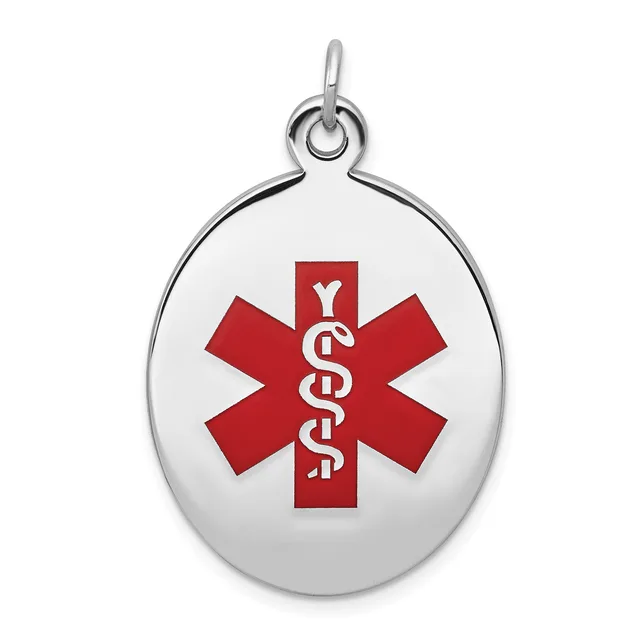 Silver oval medical alert pendant with a red Star of Life symbol and intertwined snakes, suspended from a silver bail loop.