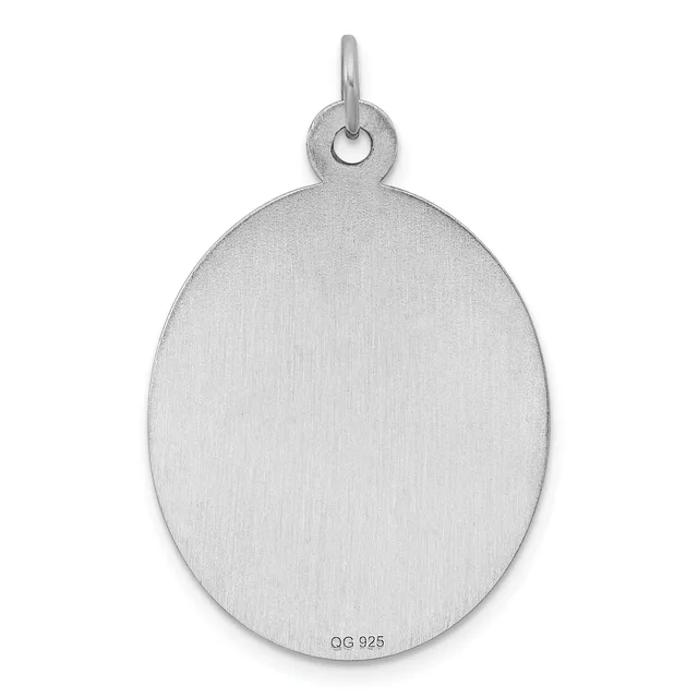 A polished sterling silver oval pendant with a small stamped hallmark on the lower edge and a loop attachment at the top.