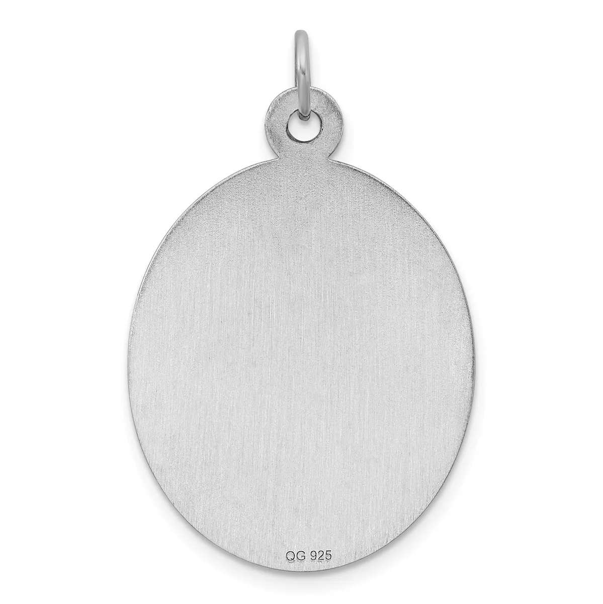 A polished sterling silver oval pendant with a small stamped hallmark on the lower edge and a loop attachment at the top.
