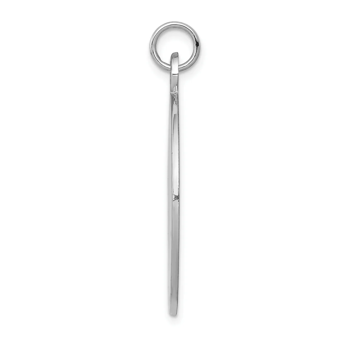 A long sterling silver pendant with a polished finish and a small stamped hallmark, suspended from a round jump ring.