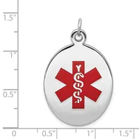 Oval silver medical alert pendant with red Star of Life symbol and caduceus, shown next to ruler measuring approximately 1.25 inches tall.