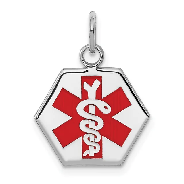 Silver hexagonal pendant with red and white medical alert symbol featuring a caduceus, suspended from a silver loop bail.