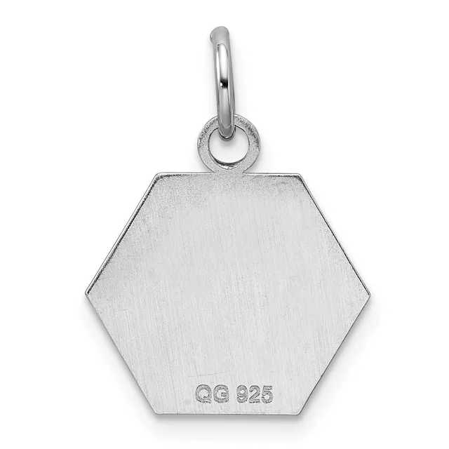 A sterling silver hexagonal pendant with a brushed finish and a small stamped hallmark on the lower face, suspended from a polished bail loop.