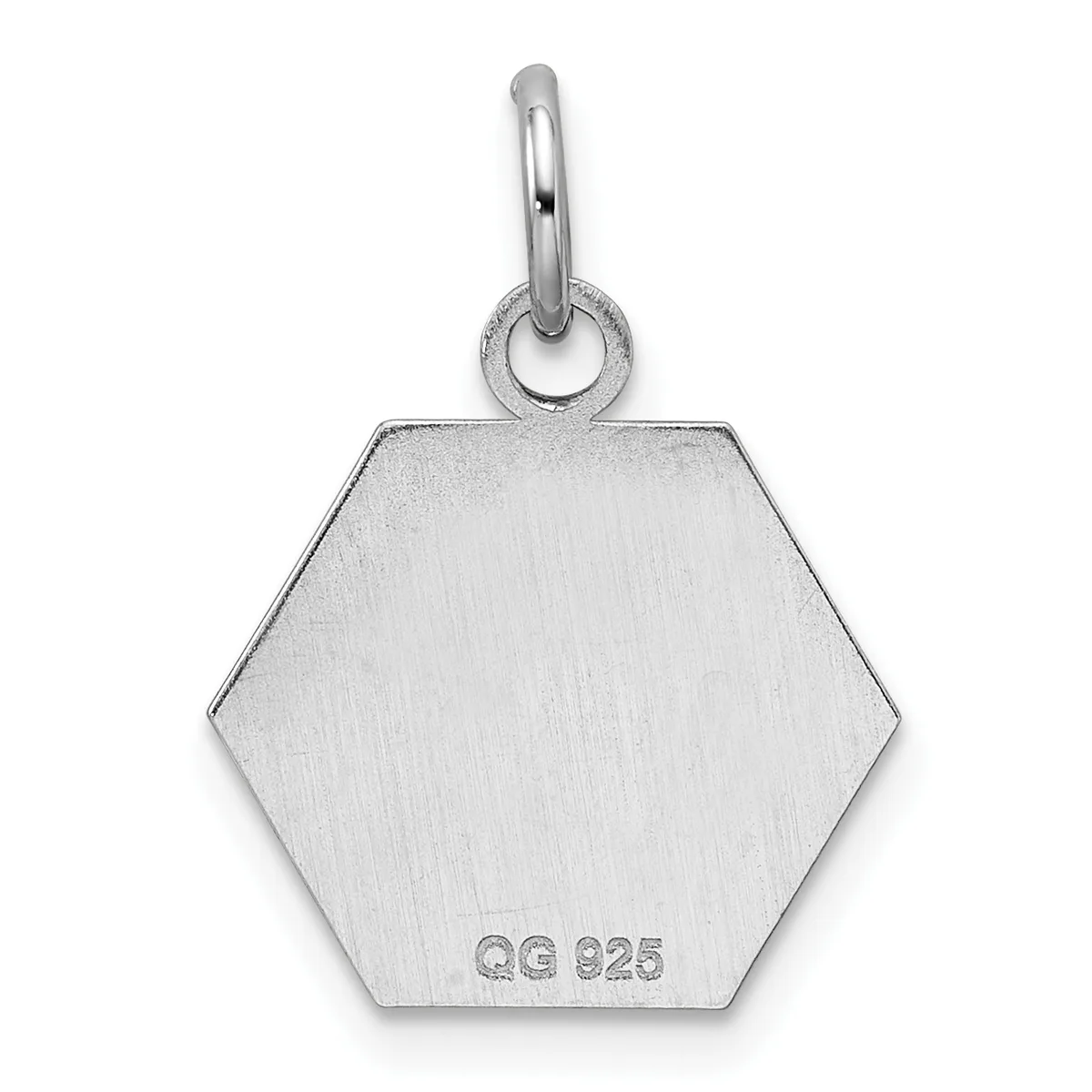 A sterling silver hexagonal pendant with a brushed finish and a small stamped hallmark on the lower face, suspended from a polished bail loop.