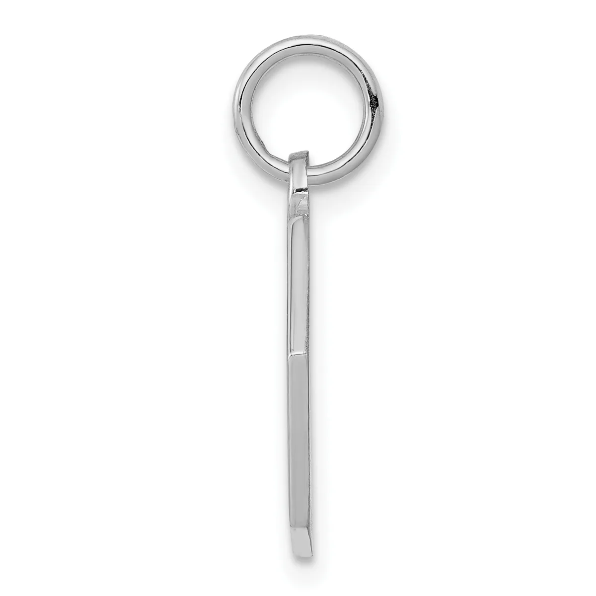 A silver-toned metal keychain with a circular ring at the top connected to a straight rectangular stem, shown against a white background.