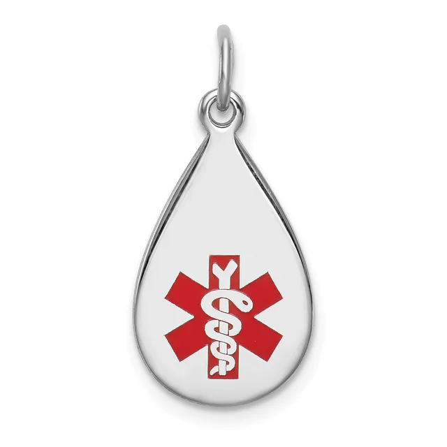 Silver teardrop pendant with a red medical alert symbol featuring a star of life and intertwined serpent staff, suspended from a silver loop bail.