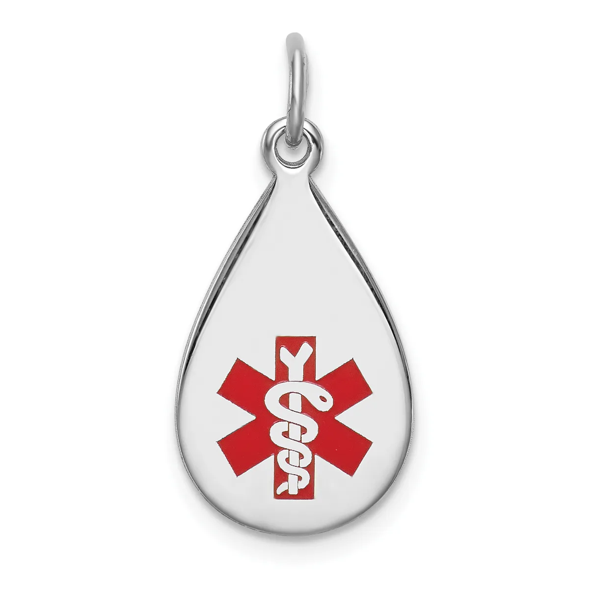Silver teardrop pendant with a red medical alert symbol featuring a star of life and intertwined serpent staff, suspended from a silver loop bail.