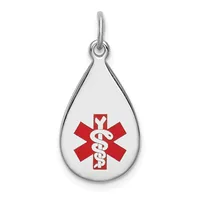Silver teardrop pendant with a red medical alert symbol featuring a star of life and intertwined serpent staff, suspended from a silver loop bail.