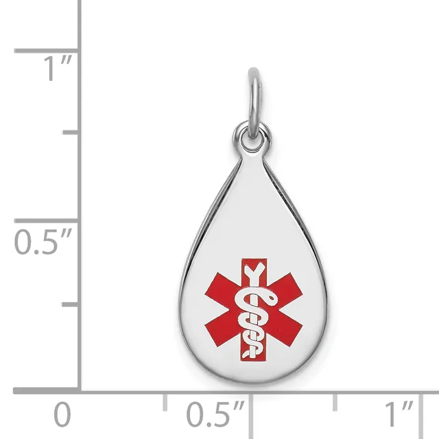 Silver teardrop pendant with red medical alert symbol containing intertwined serpent and staff, shown next to ruler indicating approximately one inch in height.