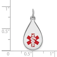 Silver teardrop pendant with red medical alert symbol containing intertwined serpent and staff, shown next to ruler indicating approximately one inch in height.