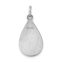 A polished silver teardrop-shaped pendant with a brushed matte finish and a small stamped hallmark, suspended from a silver bail loop.