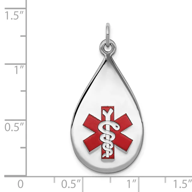 Silver teardrop pendant containing a red medical alert symbol with white caduceus, shown next to a ruler indicating approximately one inch in height.