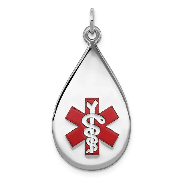 Silver teardrop pendant containing a red medical alert symbol with white caduceus staff, suspended from a silver bail.