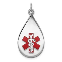 Silver teardrop pendant containing a red medical alert symbol with white caduceus staff, suspended from a silver bail.