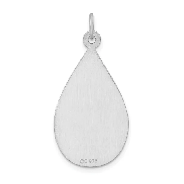 A polished teardrop-shaped silver pendant with a loop and bail at the top, displayed against a white background.