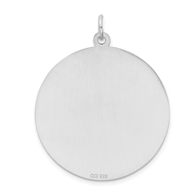 A large circular sterling silver pendant with a brushed finish and a small loop bail at the top, shown against a white background.