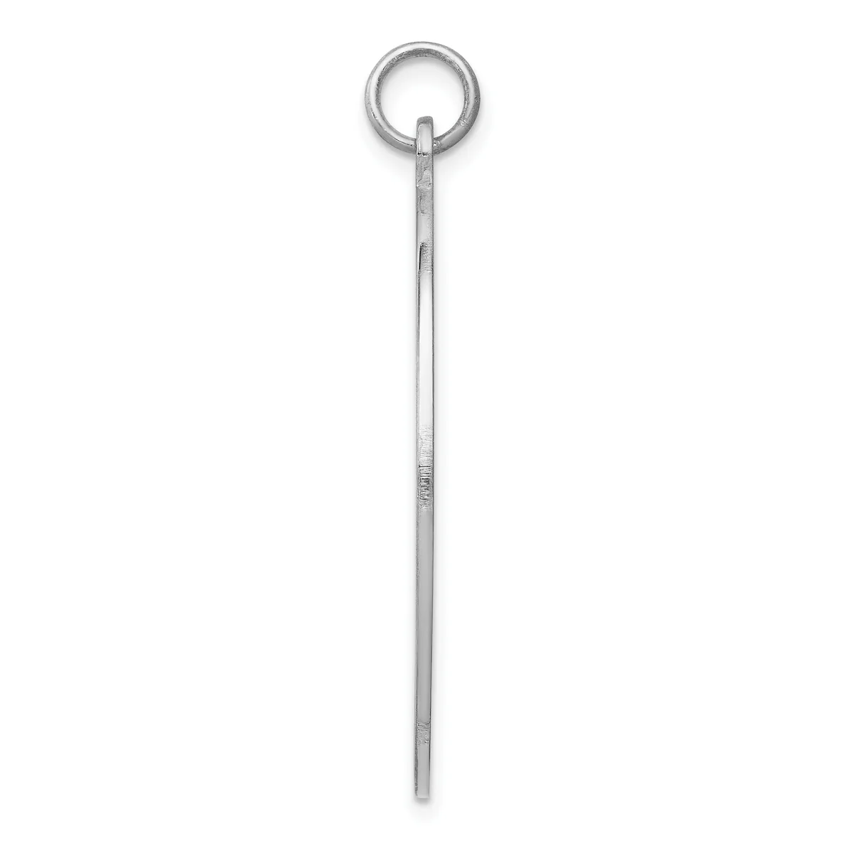 A long sterling silver pendant consisting of a thin rod with a circular loop at the top, displayed against a white background.