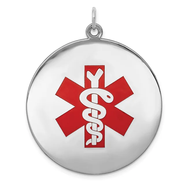 Silver pendant with a white dome surface featuring a red medical alert symbol with a snake and staff in the center.