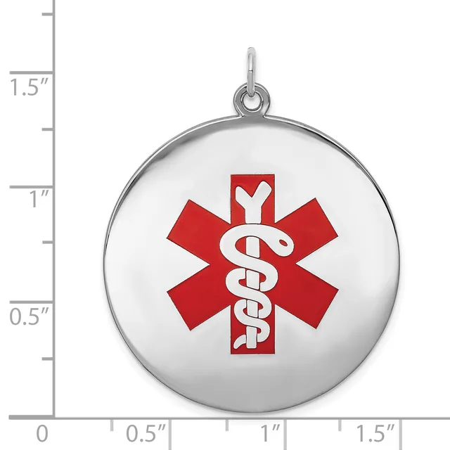 Round silver pendant with medical symbol featuring red star of life and white caduceus, shown next to ruler indicating approximately 1.5 inches in diameter.