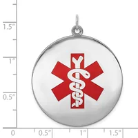 Round silver pendant with medical symbol featuring red star of life and white caduceus, shown next to ruler indicating approximately 1.5 inches in diameter.