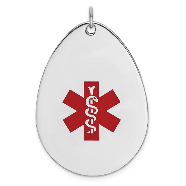 Silver teardrop pendant with a red medical alert symbol featuring the Rod of Asclepius, hanging from a silver loop.