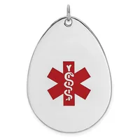 Silver teardrop pendant with a red medical alert symbol featuring the Rod of Asclepius, hanging from a silver loop.