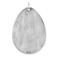 A brushed silver teardrop-shaped pendant with a small loop attachment at the top and a stamped hallmark near the bottom.