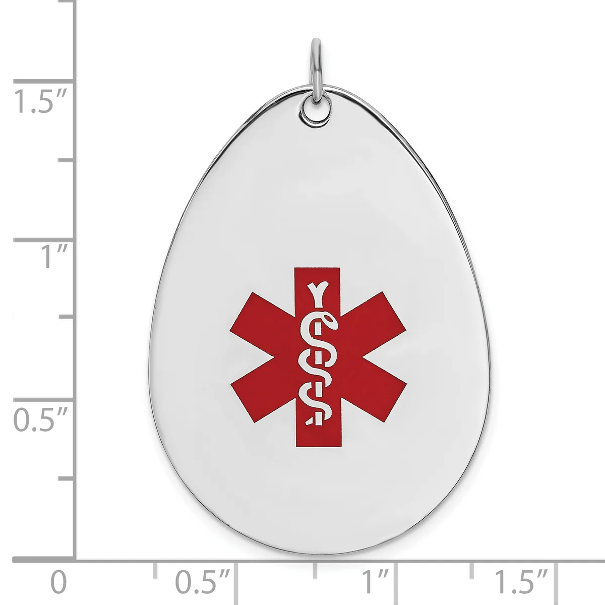 Teardrop-shaped medical alert pendant with a red Star of Life symbol on a white background, shown next to a ruler indicating it is approximately 1.5 inches tall.