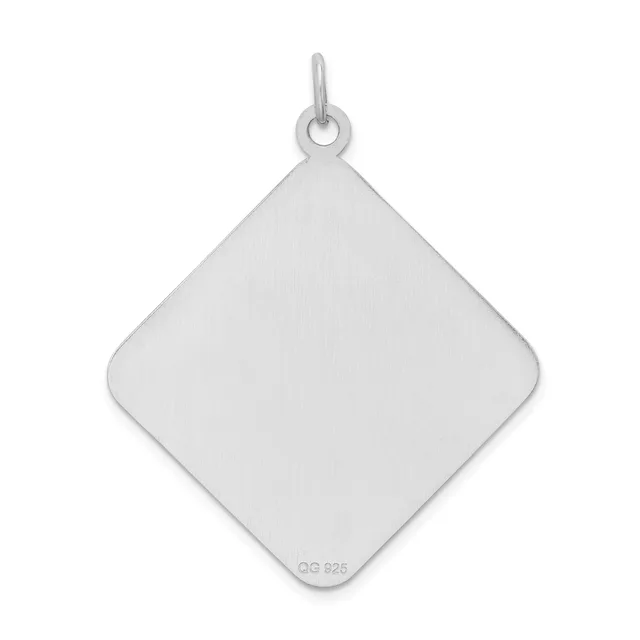 A polished silver square pendant with rounded corners hanging from a small loop at the top.