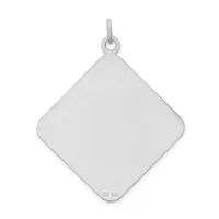 A polished silver square pendant with rounded corners hanging from a small loop at the top.