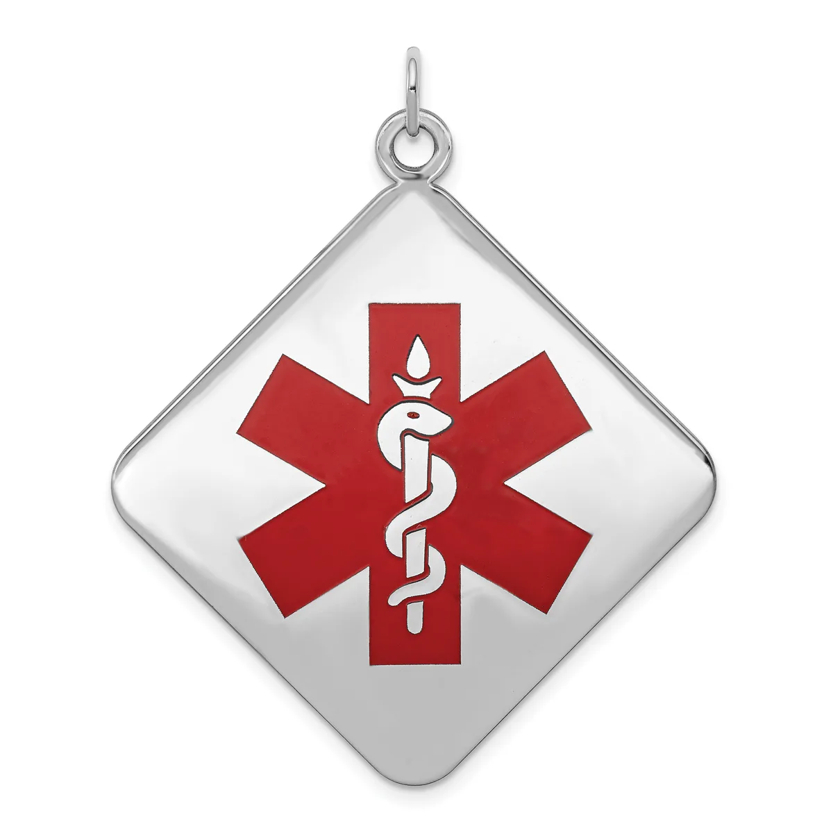 Silver diamond-shaped pendant with rounded corners featuring a red medical symbol of a star with intertwined serpent and staff, suspended from a small loop.
