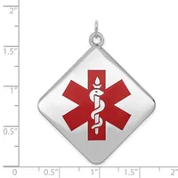 Silver diamond-shaped pendant with red medical star symbol and white caduceus in center, hanging from silver bail, shown next to ruler measuring approximately 1.5 inches tall.