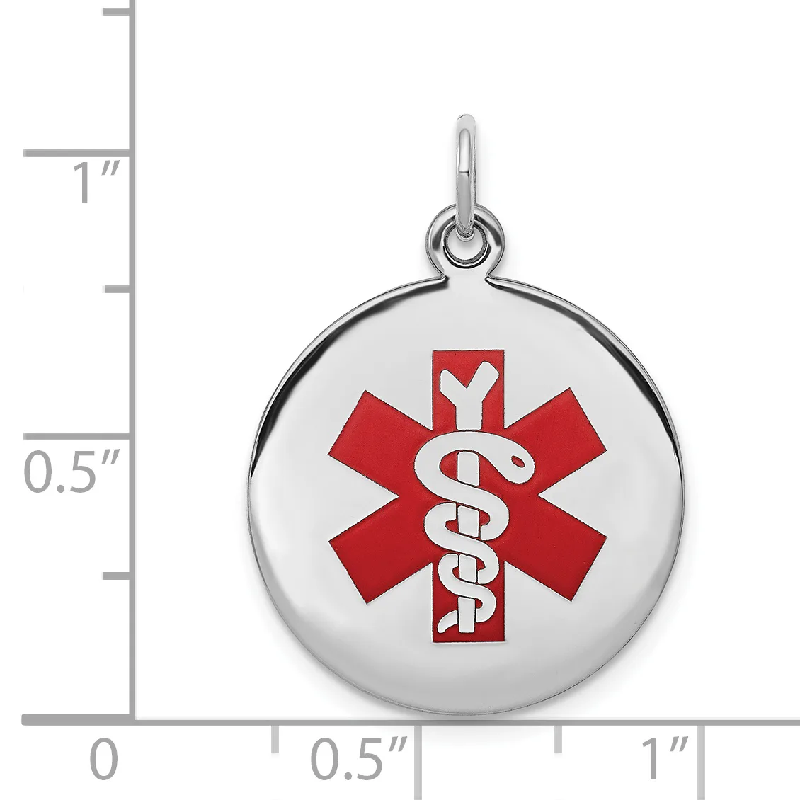Round silver medical alert pendant with red star of life symbol and white staff, shown next to a ruler measuring approximately one inch in diameter.