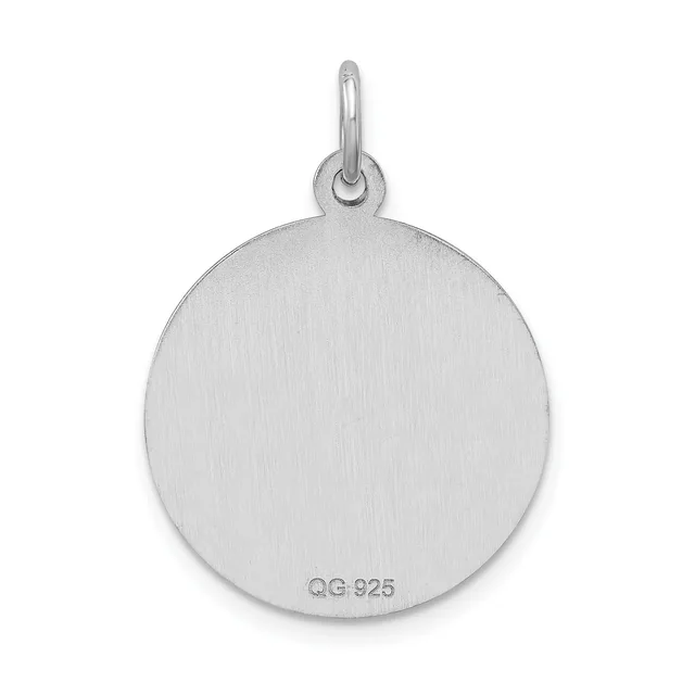 A round silver pendant with a brushed finish and a small stamped hallmark on the back, suspended from a silver bail loop.
