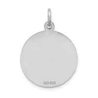 A round silver pendant with a brushed finish and a small stamped hallmark on the back, suspended from a silver bail loop.