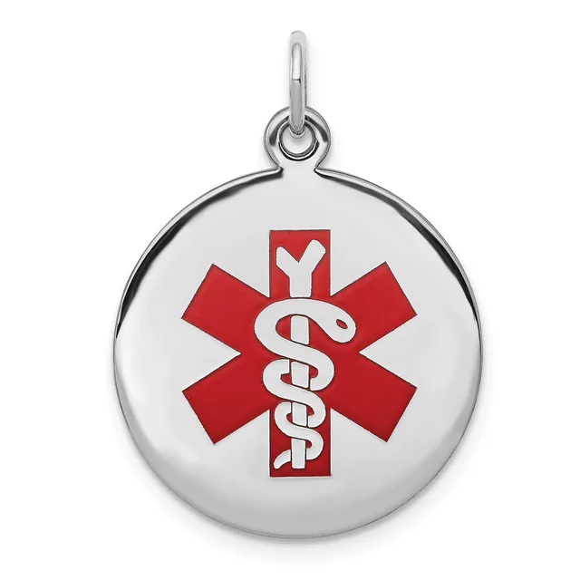 Silver-toned round pendant with a red medical alert symbol featuring a staff with intertwined snakes on a white background, suspended from a small loop.