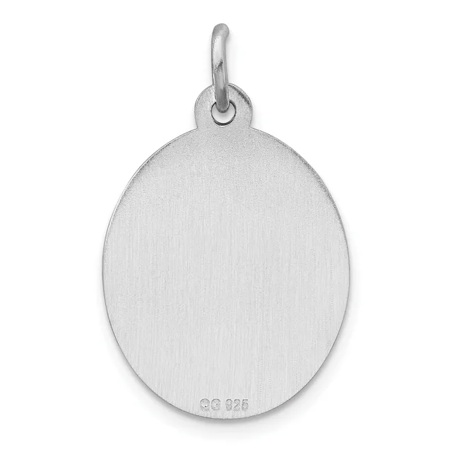 A polished silver oval pendant with a loop bail at the top and a small stamped hallmark on the back.