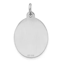 A polished silver oval pendant with a loop bail at the top and a small stamped hallmark on the back.