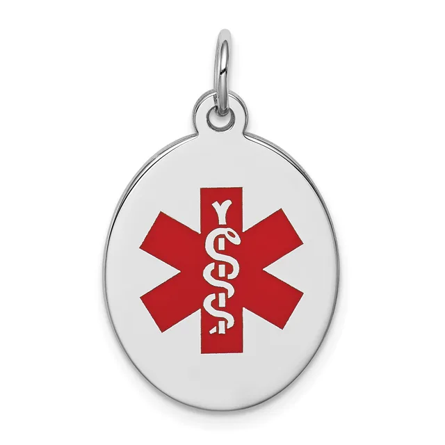 Silver oval medical alert pendant with a red star of life symbol and white caduceus staff, suspended from a silver loop.