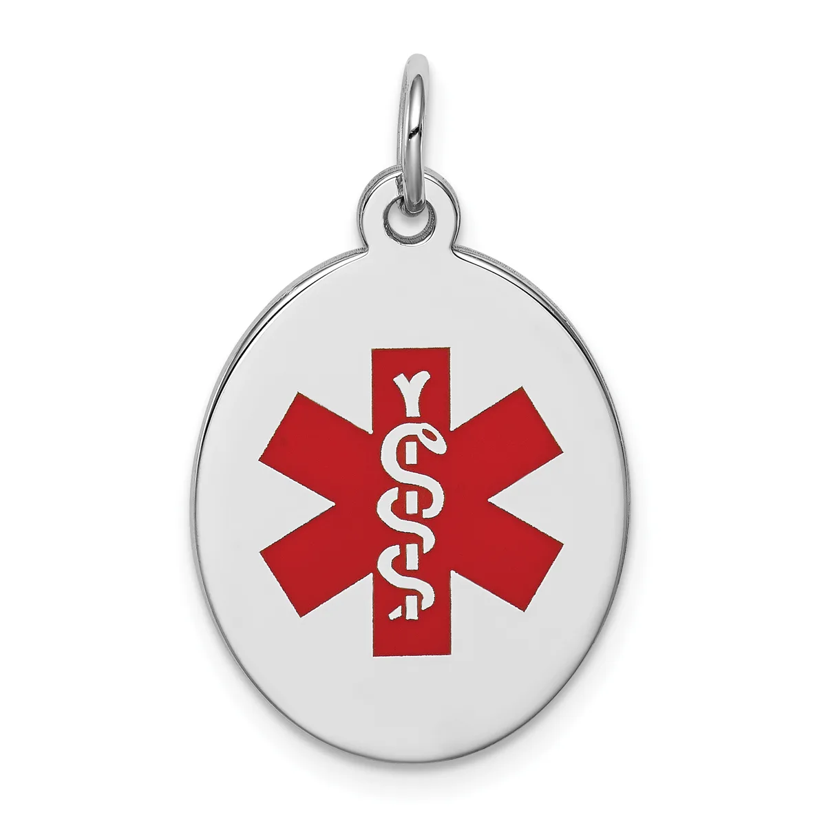 Silver oval medical alert pendant with a red star of life symbol and white caduceus staff, suspended from a silver loop.