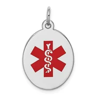 Silver oval medical alert pendant with a red star of life symbol and white caduceus staff, suspended from a silver loop.