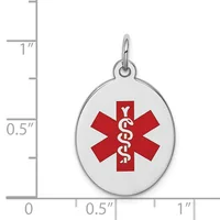 Oval medical alert pendant with red star of life symbol and white caduceus on silver background, shown next to ruler indicating approximately one inch in height.