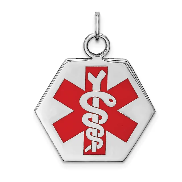 Silver hexagonal medical alert pendant with a red star of life symbol and intertwined snakes, suspended from a small loop bail.