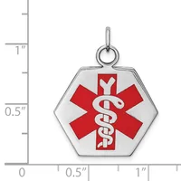 Hexagonal stainless steel medical alert pendant with red enamel star of life symbol and caduceus, shown next to ruler indicating approximately one inch width.
