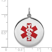 Silver round medical alert pendant with red star of life symbol containing intertwined snakes, shown next to measurement scale indicating approximately one inch diameter.